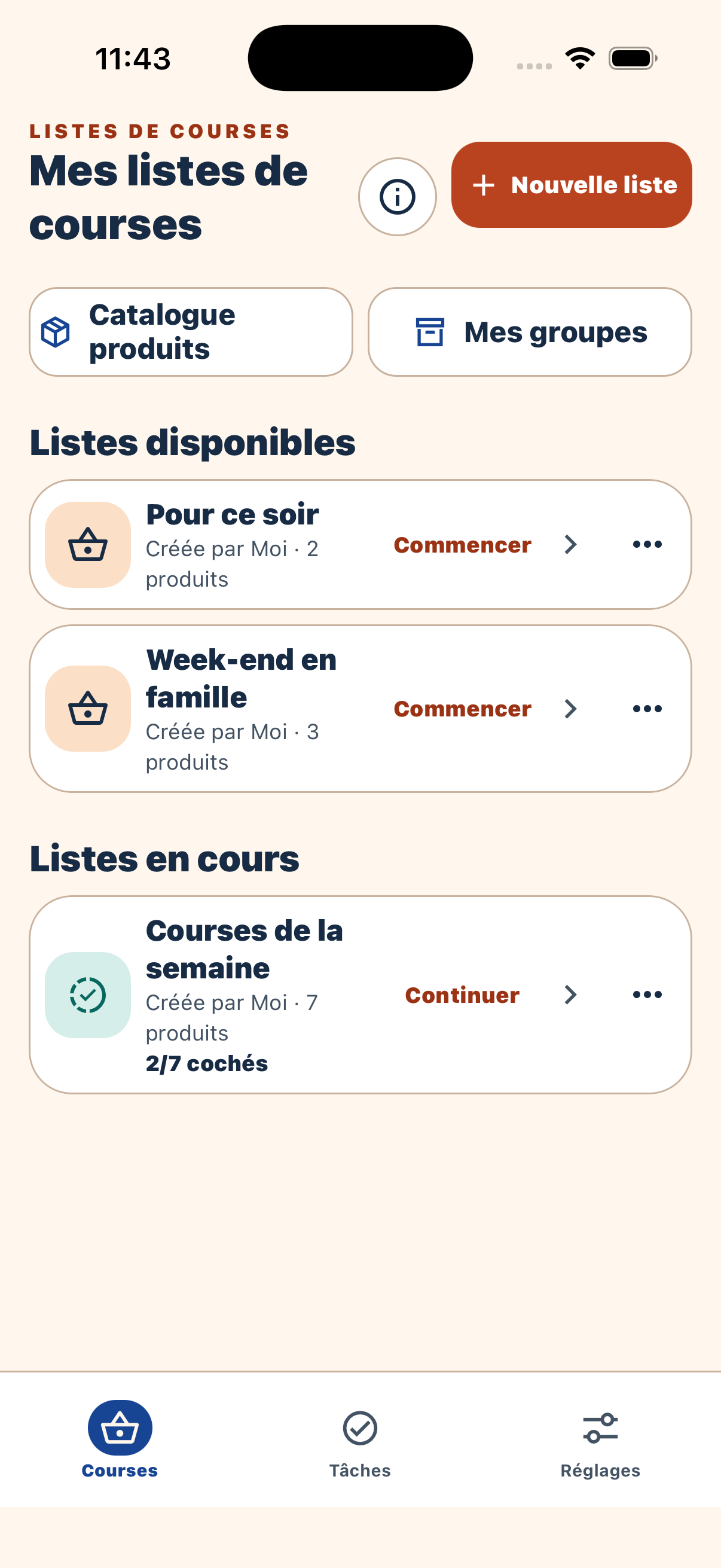 Mes listes de courses : Courses de la semaine, Pour ce soir et Week-end en famille.